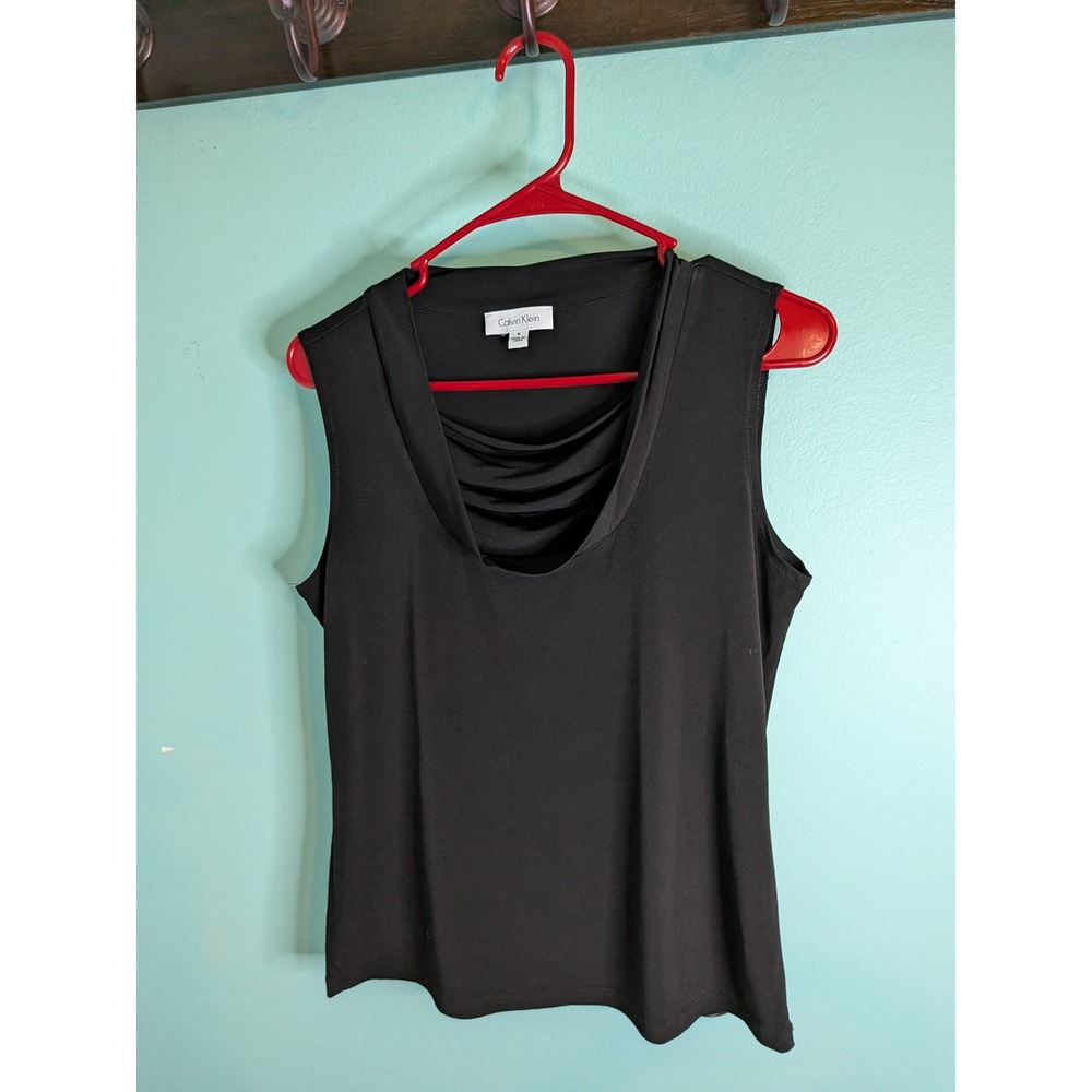 Calvin Klein Womens Black Cowl Neck Sleeveless Draped Pleated Blouse Top Size S